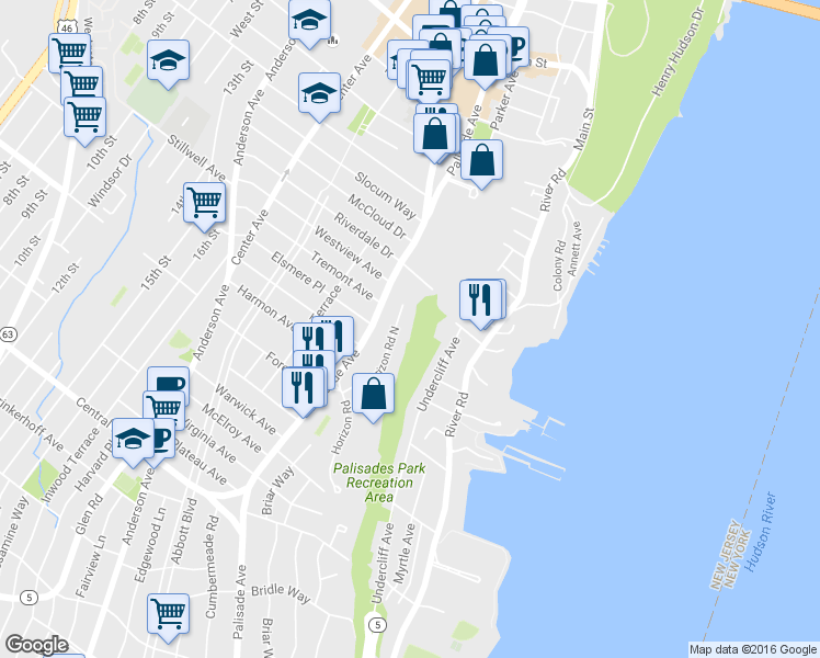 map of restaurants, bars, coffee shops, grocery stores, and more near 40-54 Palisade Plaza in Edgewater
