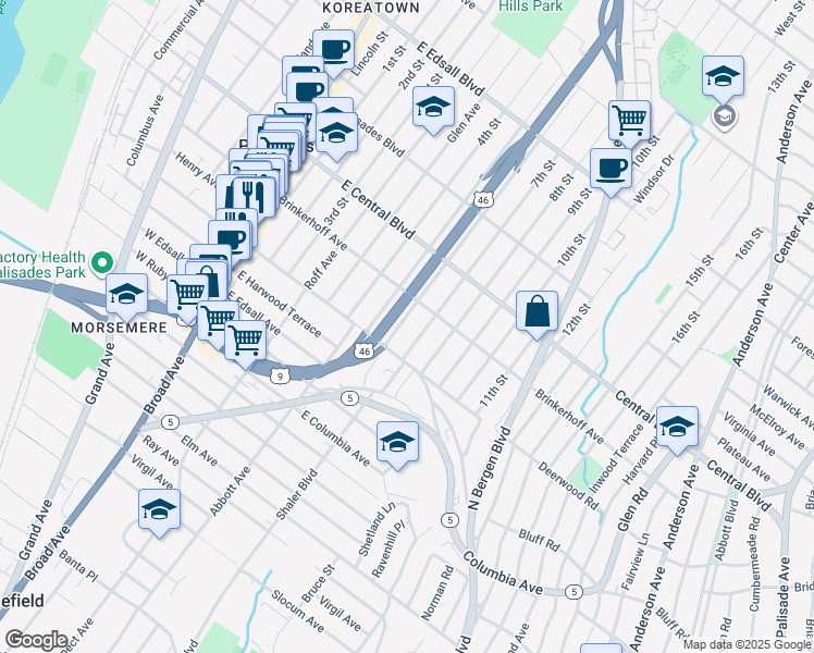 map of restaurants, bars, coffee shops, grocery stores, and more near 212 U.S. 9 in Palisades Park