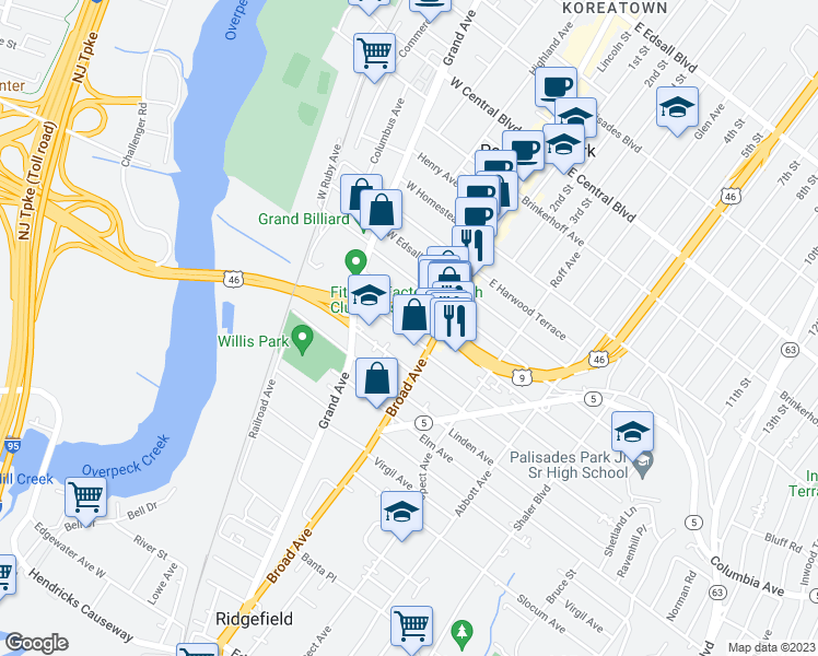 map of restaurants, bars, coffee shops, grocery stores, and more near 35 West Columbia Avenue in Palisades Park
