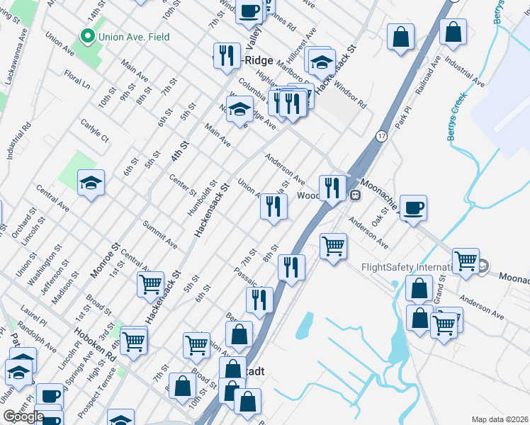 map of restaurants, bars, coffee shops, grocery stores, and more near 86 Madison Street in Wood-Ridge