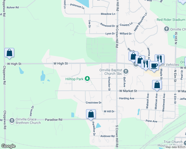 map of restaurants, bars, coffee shops, grocery stores, and more near 1854 West High Street in Orrville