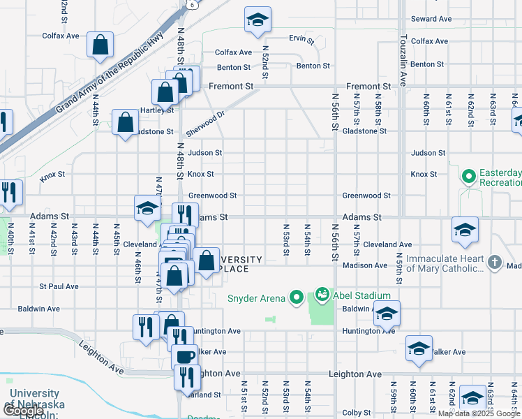 map of restaurants, bars, coffee shops, grocery stores, and more near 5209 Greenwood Street in Lincoln