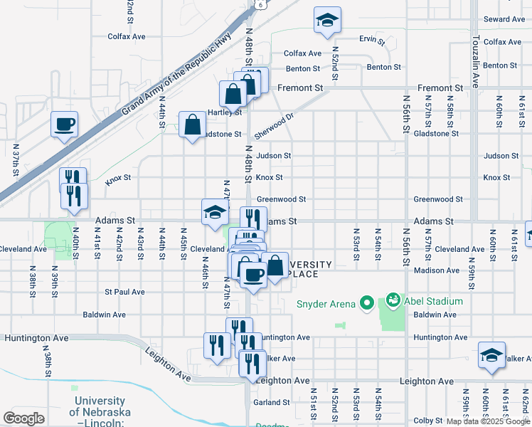 map of restaurants, bars, coffee shops, grocery stores, and more near 3043 North 49th Street in Lincoln
