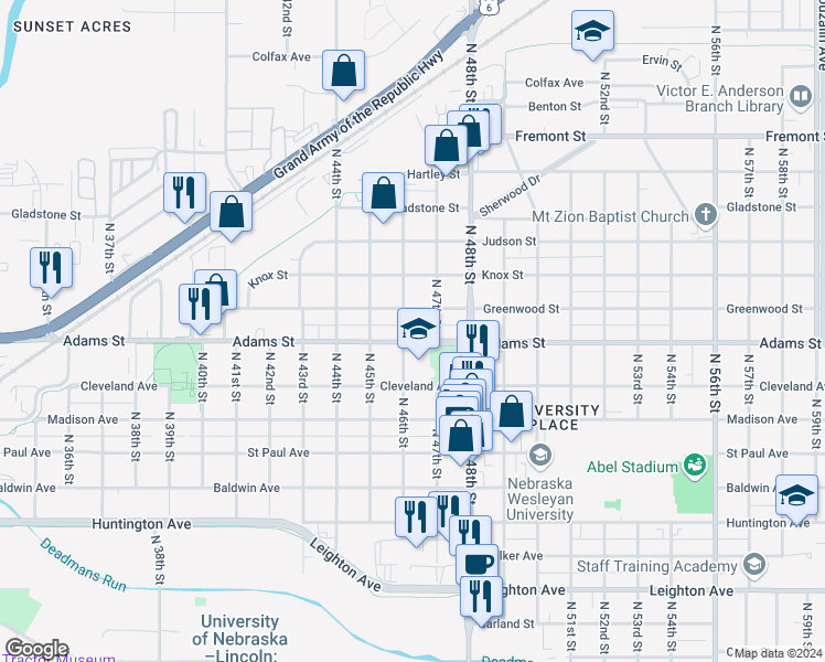 map of restaurants, bars, coffee shops, grocery stores, and more near 4623 Greenwood Street in Lincoln