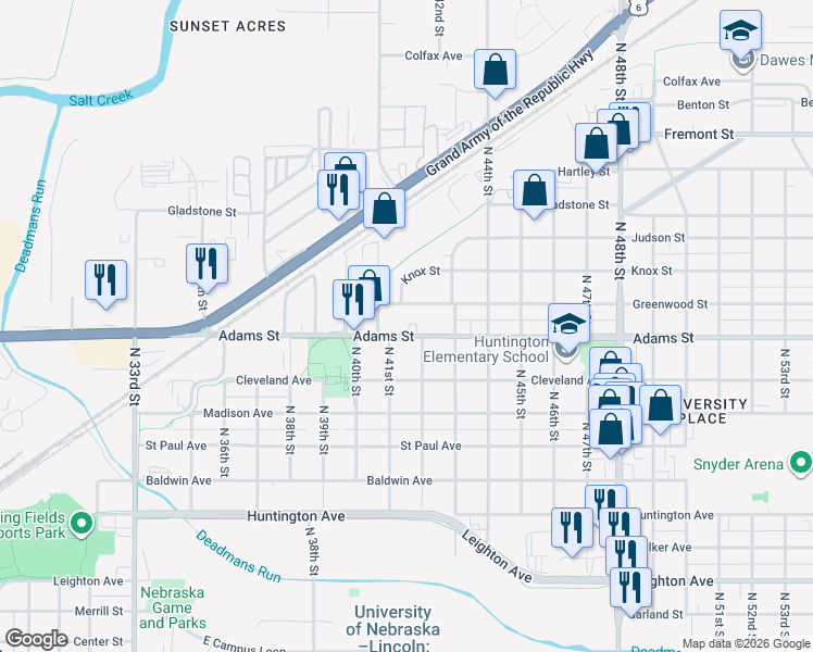 map of restaurants, bars, coffee shops, grocery stores, and more near 4201 Greenwood Street in Lincoln