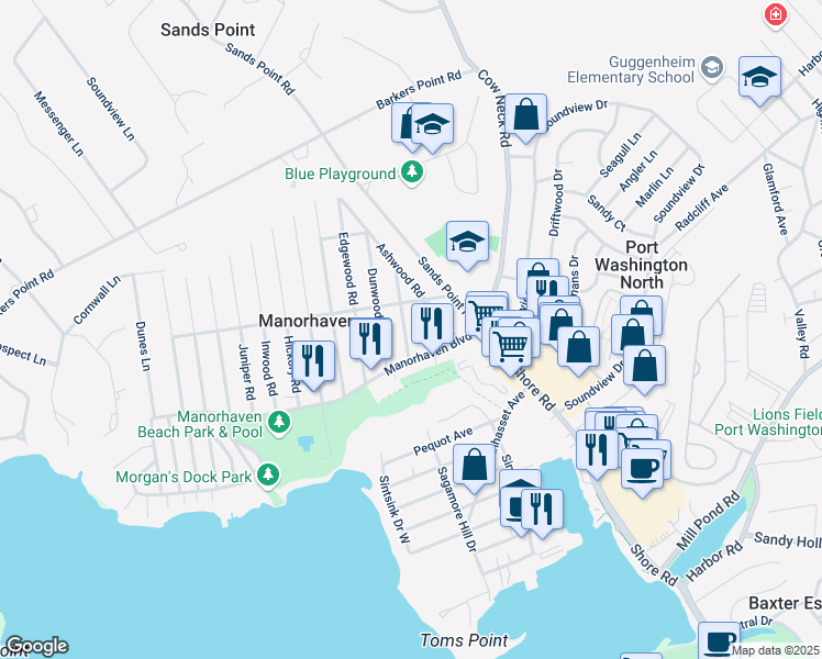 map of restaurants, bars, coffee shops, grocery stores, and more near 12 Cottonwood Road in Port Washington