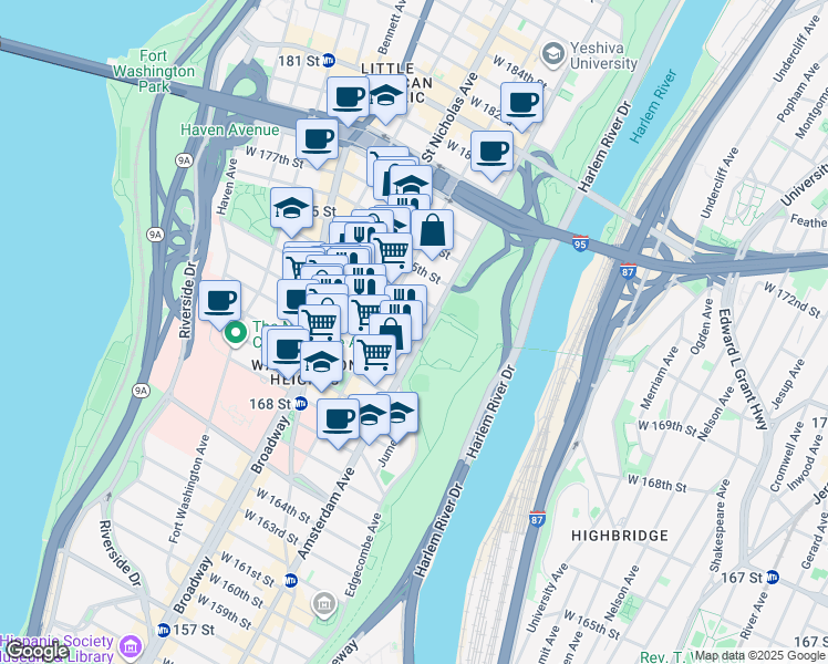 map of restaurants, bars, coffee shops, grocery stores, and more near 430 West 173rd Street in New York