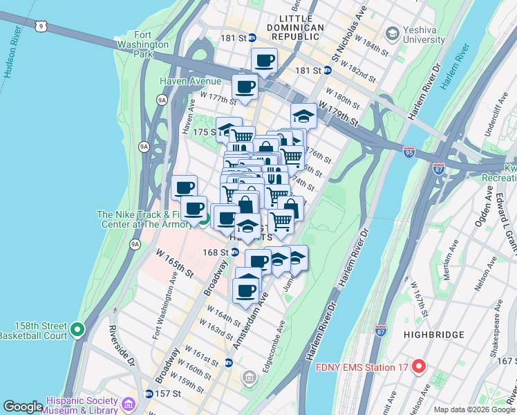 map of restaurants, bars, coffee shops, grocery stores, and more near 1222 Saint Nicholas Avenue in New York