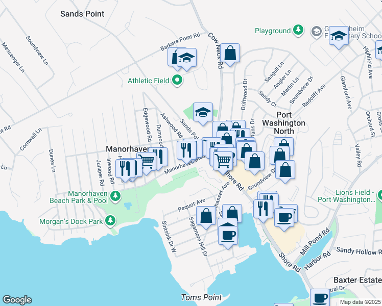 map of restaurants, bars, coffee shops, grocery stores, and more near 11 Ashwood Road in Port Washington