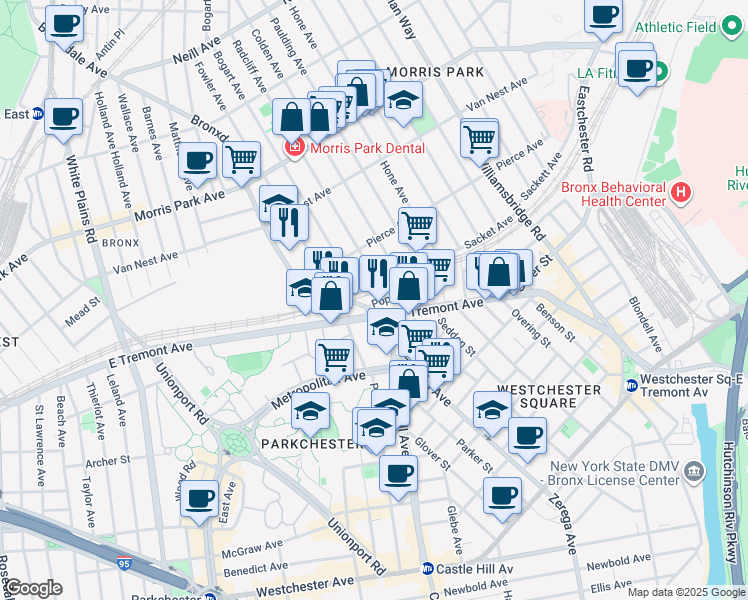 map of restaurants, bars, coffee shops, grocery stores, and more near 974 Sacket Avenue in Bronx
