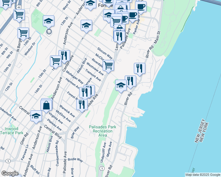 map of restaurants, bars, coffee shops, grocery stores, and more near 1400 Palisade Avenue in Fort Lee