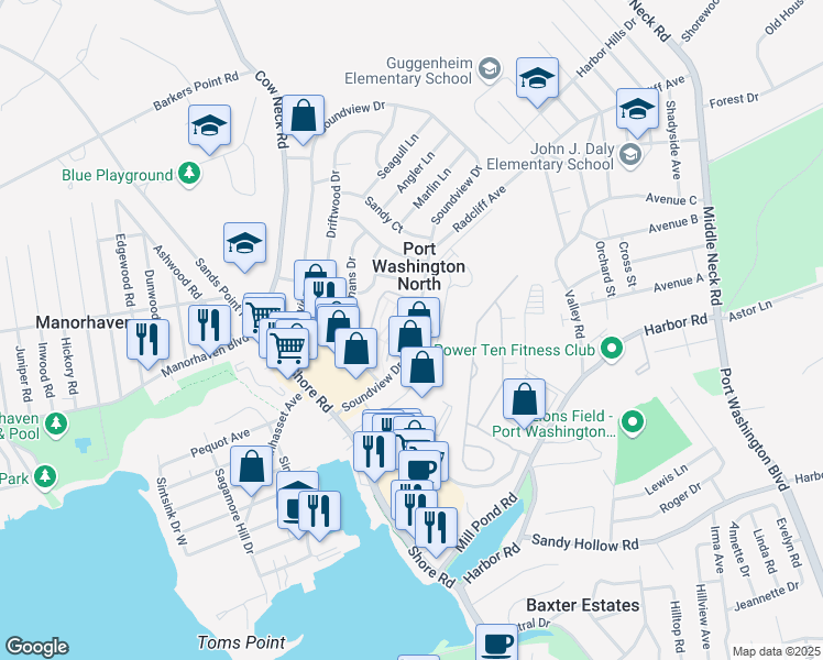 map of restaurants, bars, coffee shops, grocery stores, and more near 23 Wildwood Gardens in Port Washington