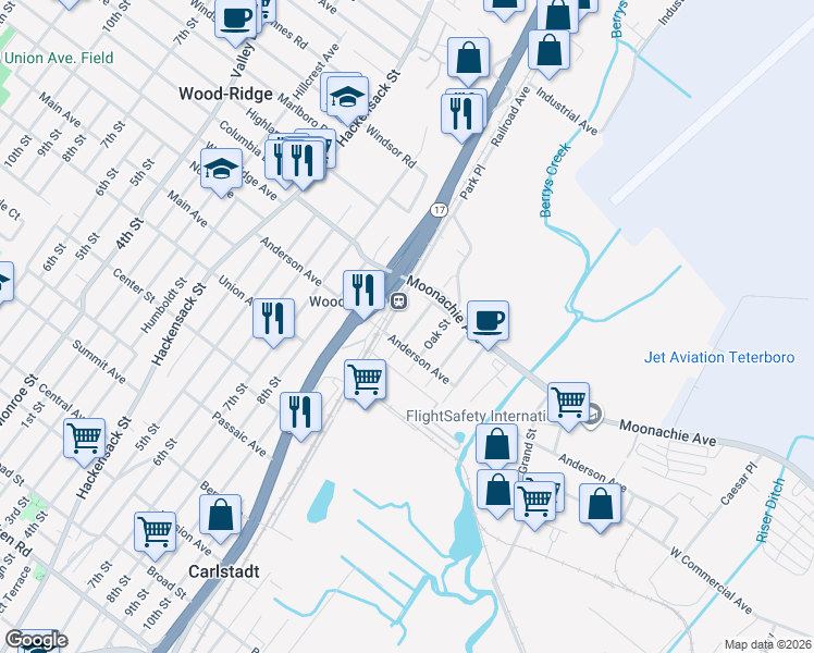 map of restaurants, bars, coffee shops, grocery stores, and more near in Wood-Ridge