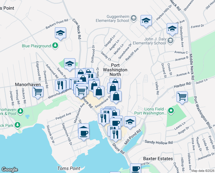 map of restaurants, bars, coffee shops, grocery stores, and more near 16 Wildwood Gardens in Port Washington