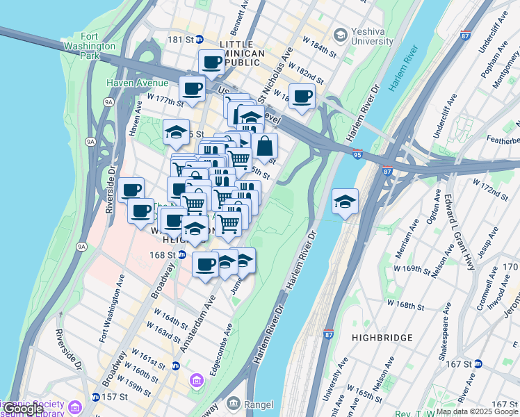map of restaurants, bars, coffee shops, grocery stores, and more near Amsterdam Avenue & West 173rd Street in New York