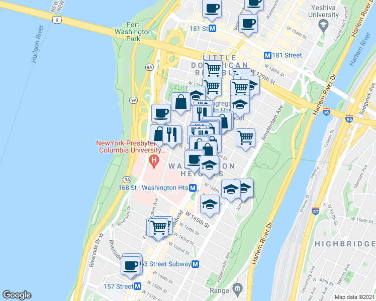 map of restaurants, bars, coffee shops, grocery stores, and more near 632 West 170th Street in New York
