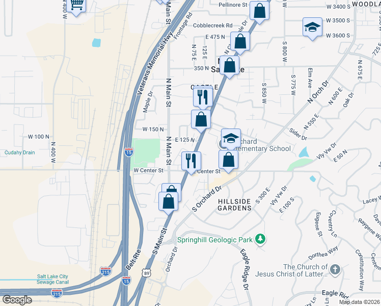 map of restaurants, bars, coffee shops, grocery stores, and more near 25 East Center Street in North Salt Lake
