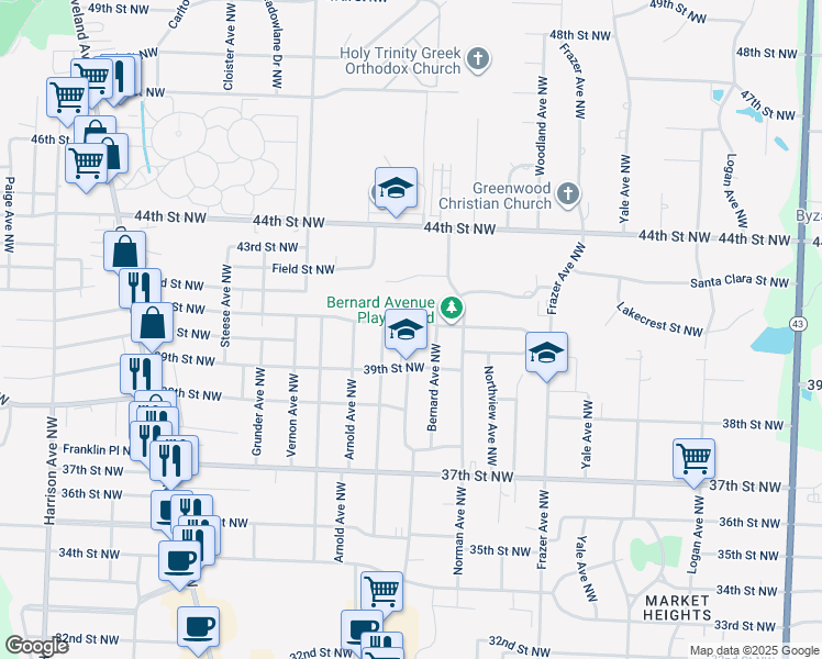 map of restaurants, bars, coffee shops, grocery stores, and more near 833 39th Street Northwest in Canton