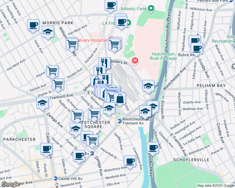 map of restaurants, bars, coffee shops, grocery stores, and more near 2639 Halperin Avenue in The Bronx