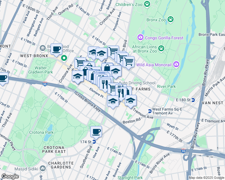 map of restaurants, bars, coffee shops, grocery stores, and more near 1973b Southern Boulevard in Bronx