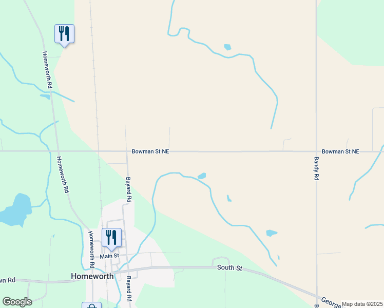 map of restaurants, bars, coffee shops, grocery stores, and more near 23451 Bowman Road in Homeworth