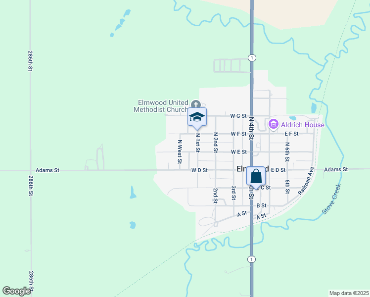 map of restaurants, bars, coffee shops, grocery stores, and more near 216 North West Street in Elmwood