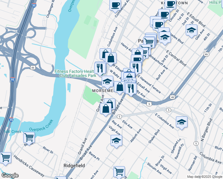 map of restaurants, bars, coffee shops, grocery stores, and more near 50 West Harriet Avenue in Palisades Park