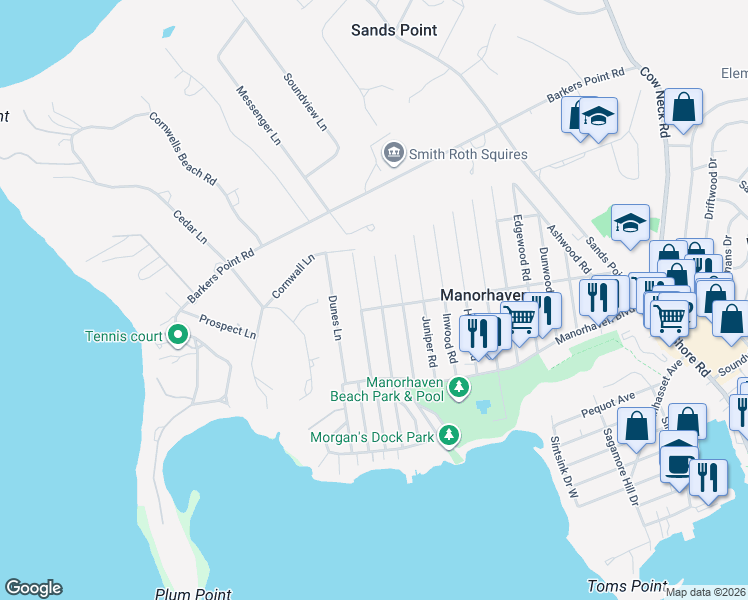 map of restaurants, bars, coffee shops, grocery stores, and more near 50 Linwood Road North in Port Washington