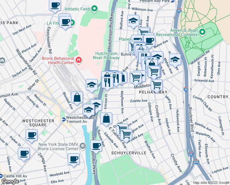 map of restaurants, bars, coffee shops, grocery stores, and more near in The Bronx