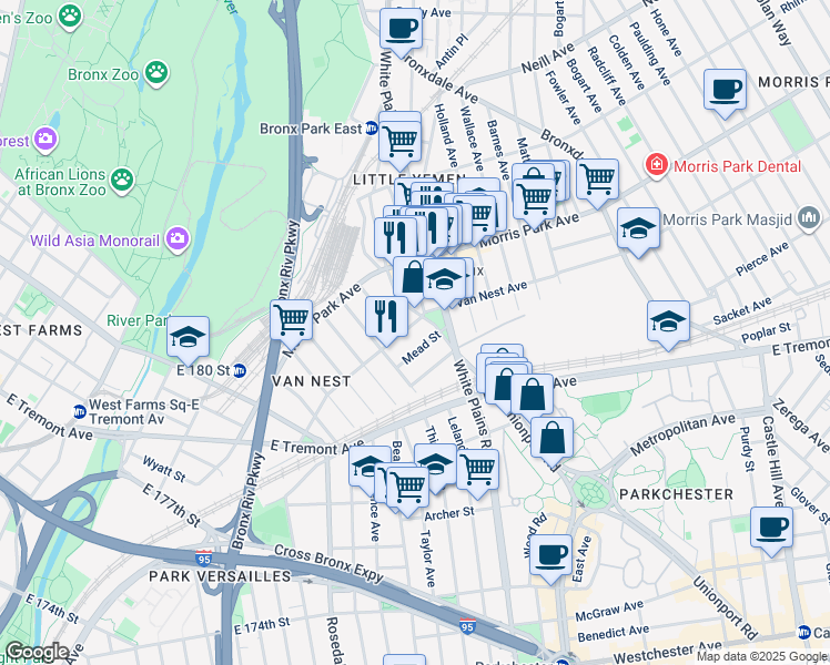map of restaurants, bars, coffee shops, grocery stores, and more near in The Bronx