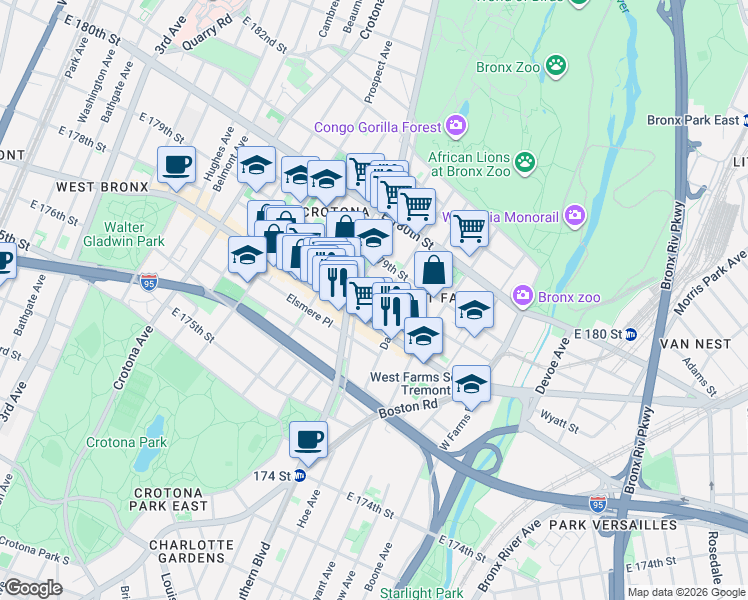 map of restaurants, bars, coffee shops, grocery stores, and more near 887 East 178th Street in Bronx