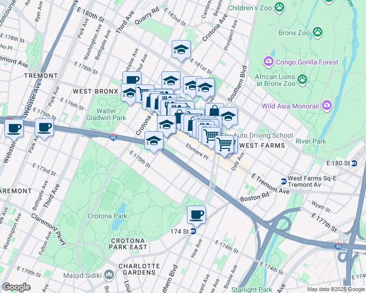 map of restaurants, bars, coffee shops, grocery stores, and more near 789 Elsmere Place in Bronx