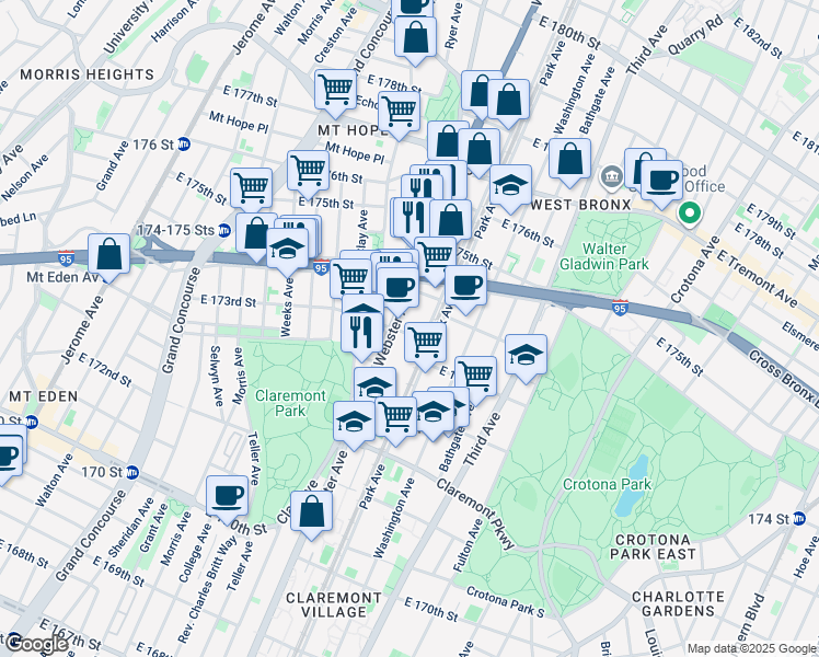 map of restaurants, bars, coffee shops, grocery stores, and more near 1713 Webster Avenue in Bronx