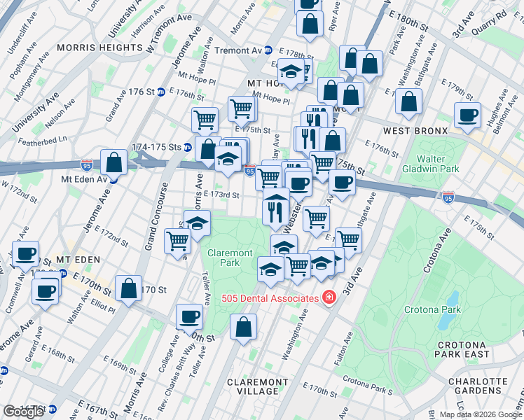 map of restaurants, bars, coffee shops, grocery stores, and more near 347 East 173rd Street in The Bronx