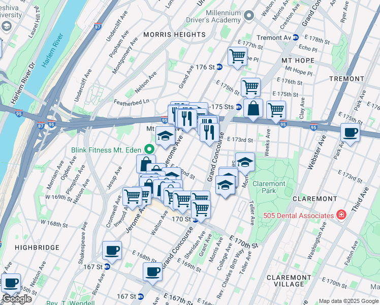 map of restaurants, bars, coffee shops, grocery stores, and more near in The Bronx