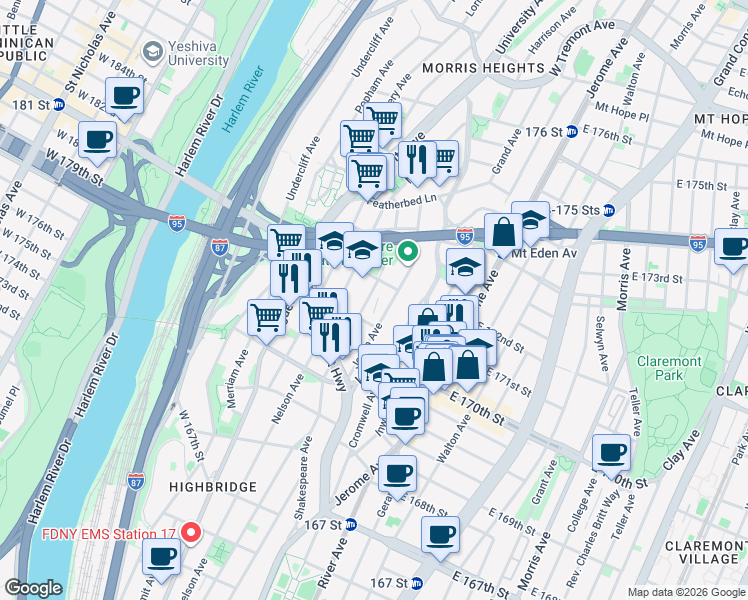 map of restaurants, bars, coffee shops, grocery stores, and more near 1460 Shakespeare Avenue in Bronx
