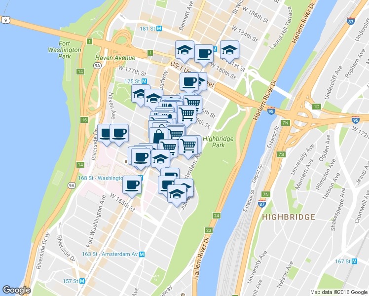 map of restaurants, bars, coffee shops, grocery stores, and more near 559 West 172nd Street in New York