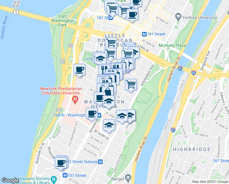 map of restaurants, bars, coffee shops, grocery stores, and more near in New York
