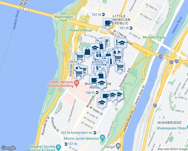 map of restaurants, bars, coffee shops, grocery stores, and more near 4046 Broadway in New York