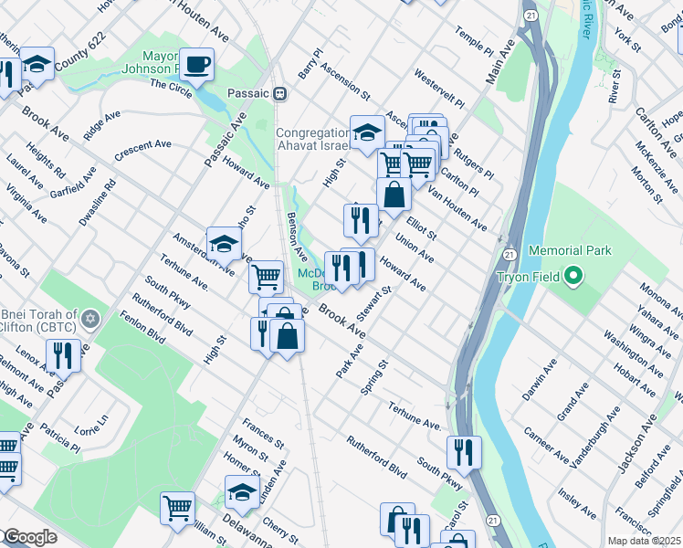 map of restaurants, bars, coffee shops, grocery stores, and more near 29 Tennyson Place in Passaic