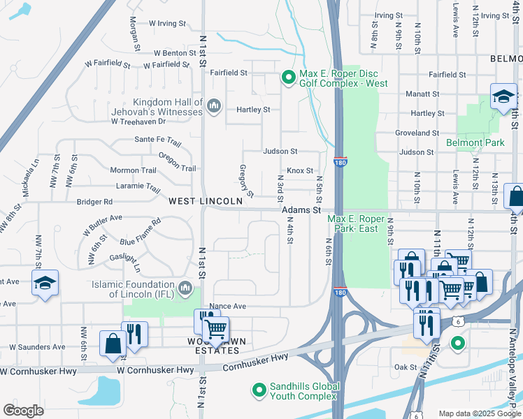 map of restaurants, bars, coffee shops, grocery stores, and more near 233 Adams Street in Lincoln
