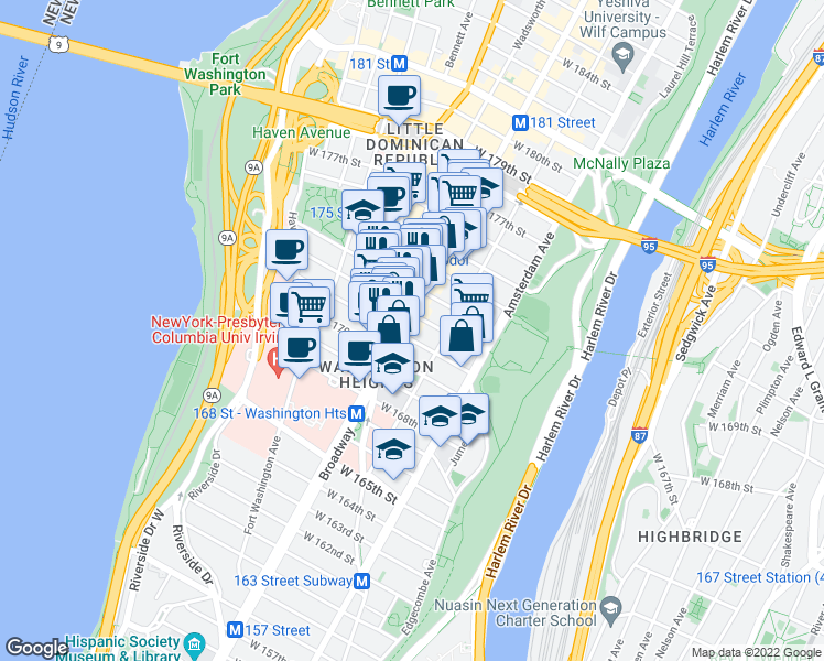 map of restaurants, bars, coffee shops, grocery stores, and more near 1236 Saint Nicholas Avenue in New York