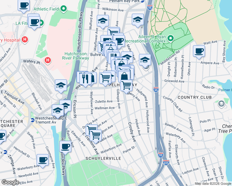 map of restaurants, bars, coffee shops, grocery stores, and more near 2944 Middletown Road in Bronx