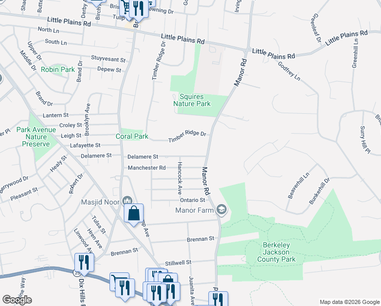 map of restaurants, bars, coffee shops, grocery stores, and more near 4 Timber Ridge Drive in Huntington