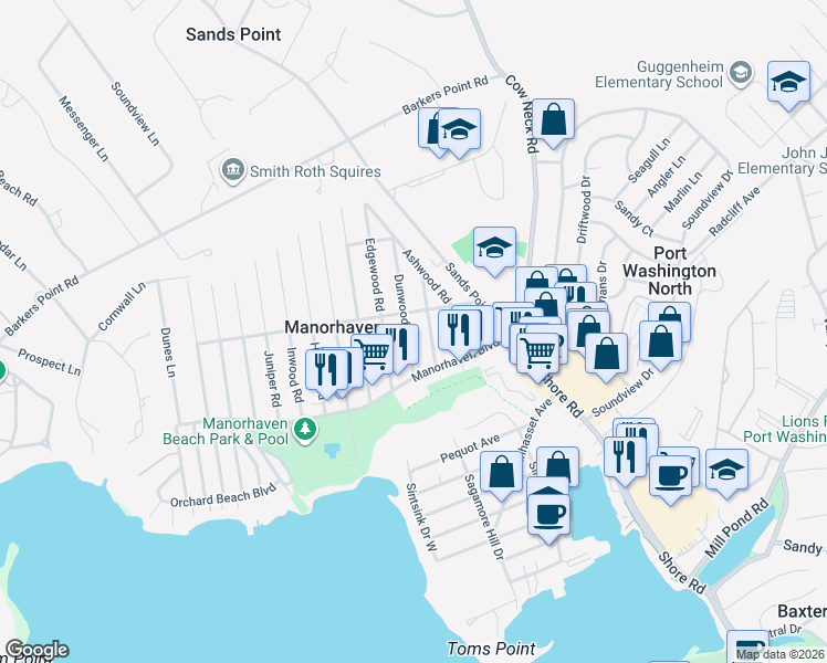 map of restaurants, bars, coffee shops, grocery stores, and more near 20 Dunwood Road in Port Washington