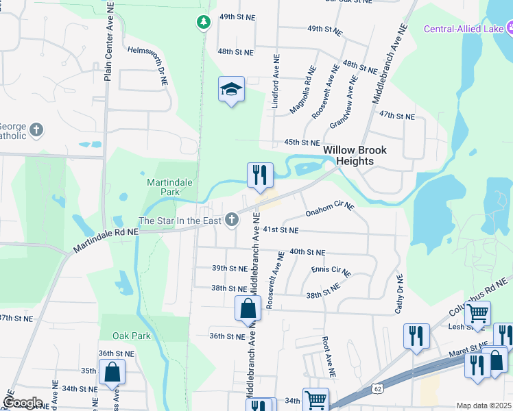 map of restaurants, bars, coffee shops, grocery stores, and more near Middlebranch Ave NE & Martindale Rd NE in Stark