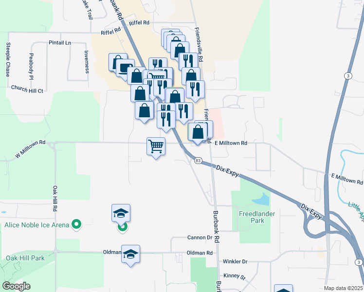 map of restaurants, bars, coffee shops, grocery stores, and more near 3540 Burbank Road in Wooster