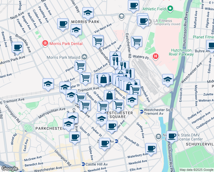 map of restaurants, bars, coffee shops, grocery stores, and more near E Tremont Ave & Silver St in Bronx