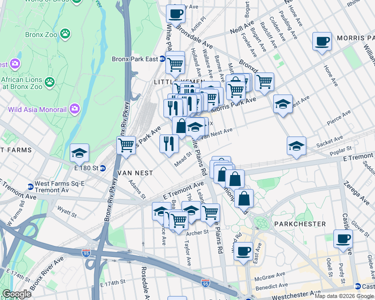 map of restaurants, bars, coffee shops, grocery stores, and more near in The Bronx
