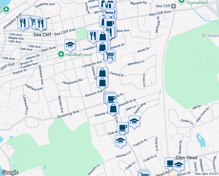 map of restaurants, bars, coffee shops, grocery stores, and more near 16 Terry Court in Glen Head